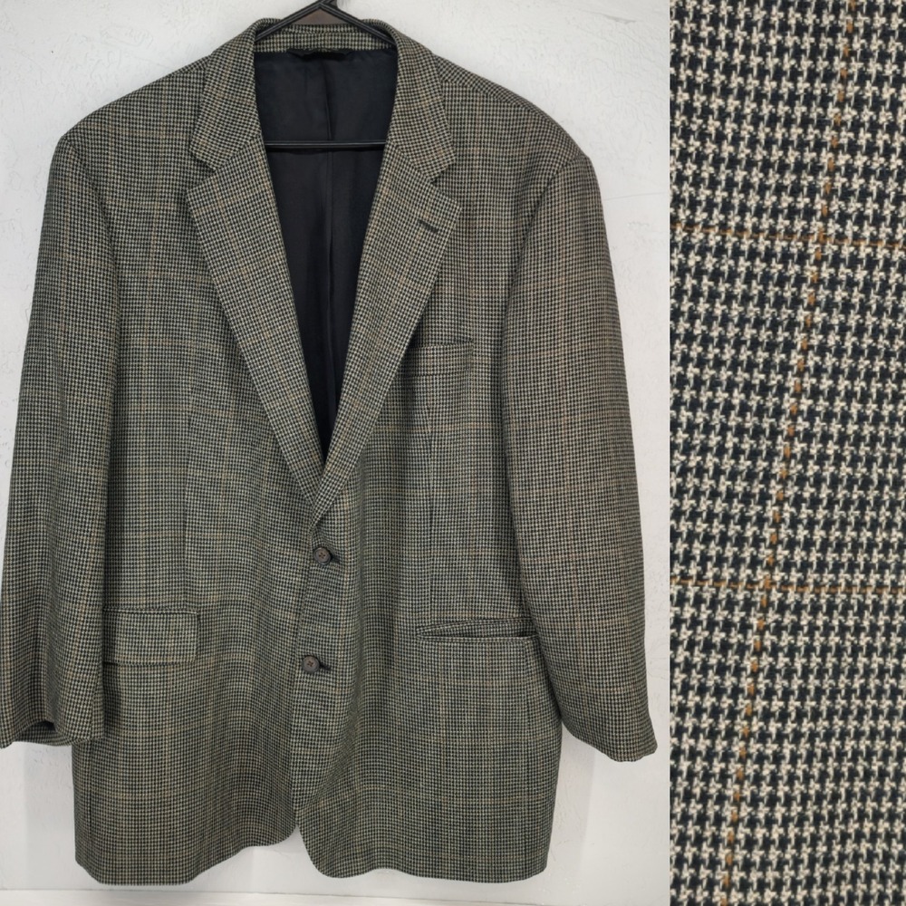 Jos A. Bank 46R | Tan Black Houndstooth Silk Wool Sport‎ Coat Blazer Jacket
